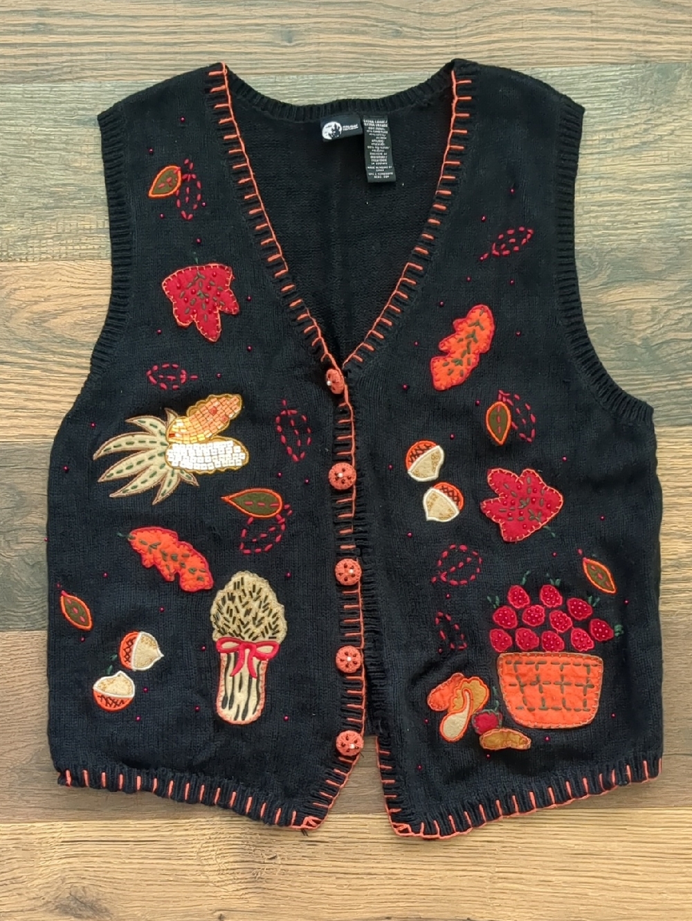 Vintage Holiday Editions Fall Autumn Embroidered Black Sweater Vest, Size XL